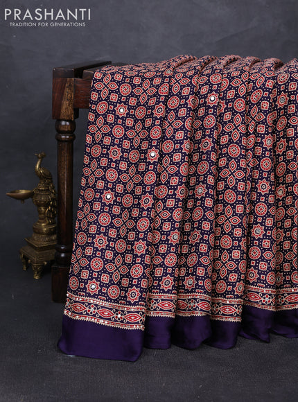 Modal silk saree dark blue with allover ajrakh prints and mirror & sequin embroidery pallu