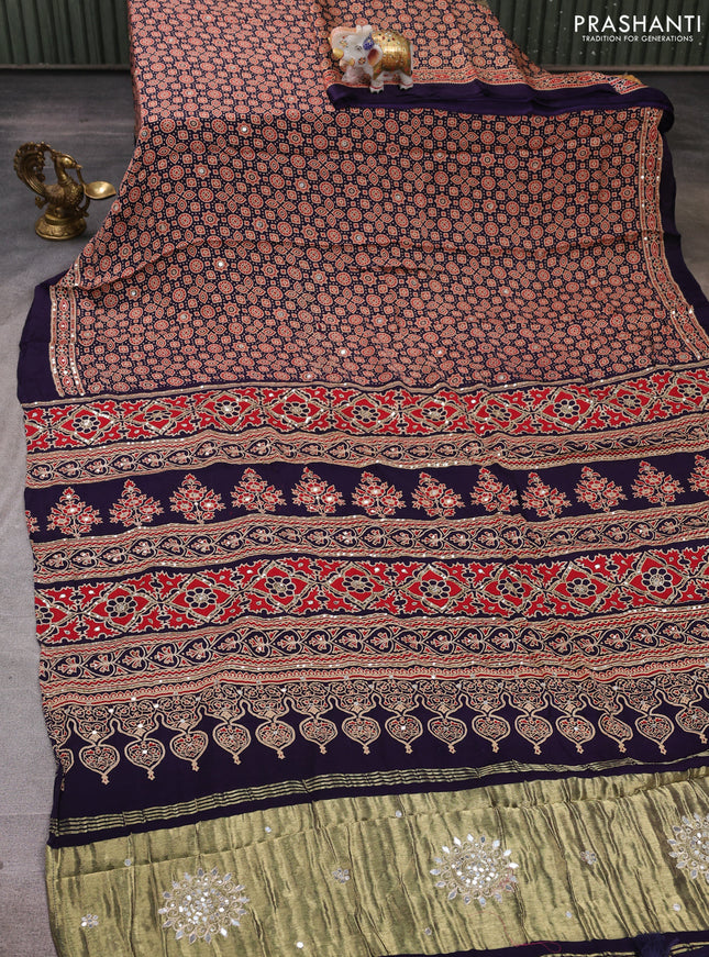Modal silk saree dark blue with allover ajrakh prints and mirror & sequin embroidery pallu