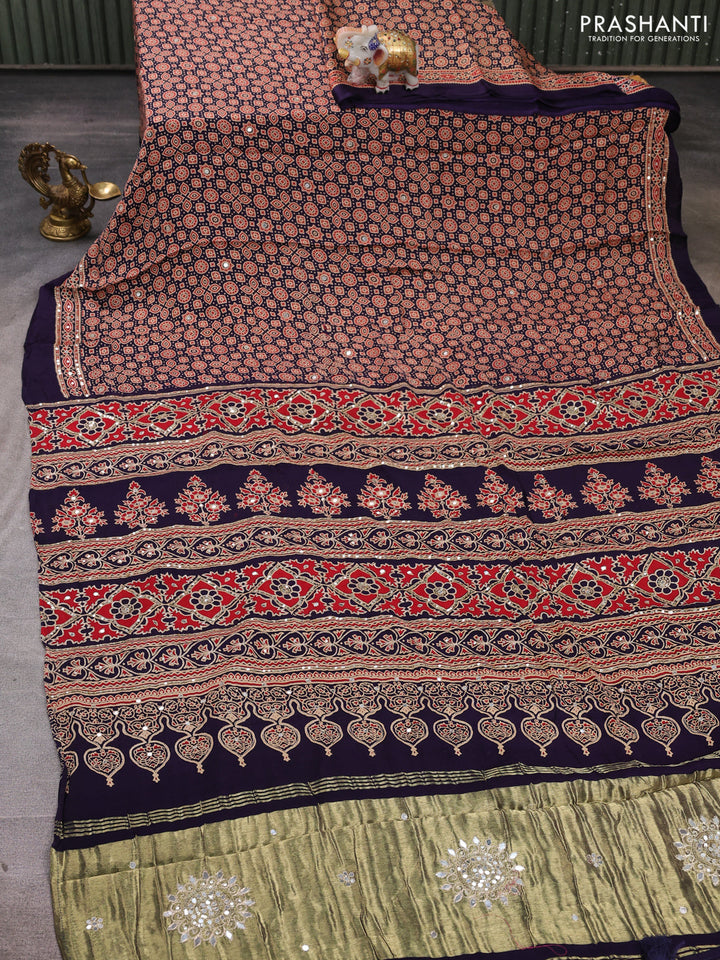 Modal silk saree dark blue with allover ajrakh prints and mirror & sequin embroidery pallu