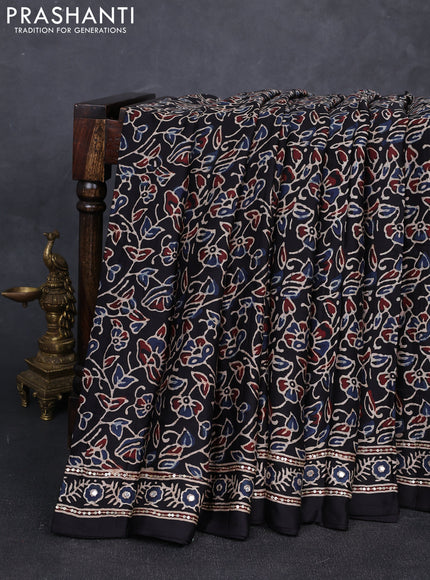 Modal silk saree black with allover ajrakh prints and mirror & sequin embroidery pallu