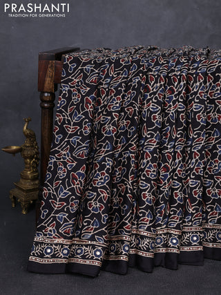 Modal silk saree black with allover ajrakh prints and mirror & sequin embroidery pallu
