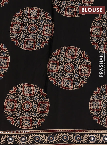 Modal silk saree black with allover ajrakh prints and mirror & sequin embroidery pallu