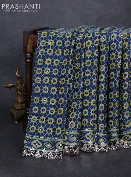 Modal silk saree indigo blue and black with allover ajrakh prints and mirror & sequin embroidery pallu