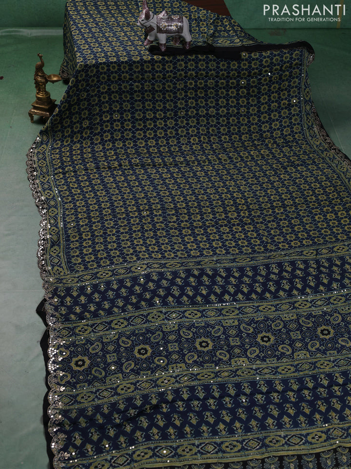 Modal silk saree indigo blue and black with allover ajrakh prints and mirror & sequin embroidery pallu