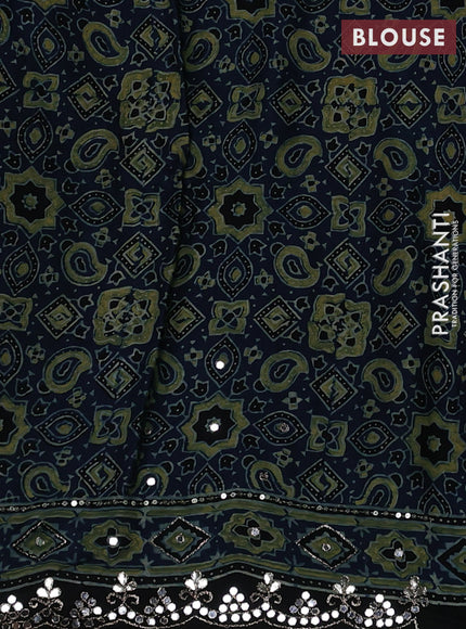 Modal silk saree indigo blue and black with allover ajrakh prints and mirror & sequin embroidery pallu