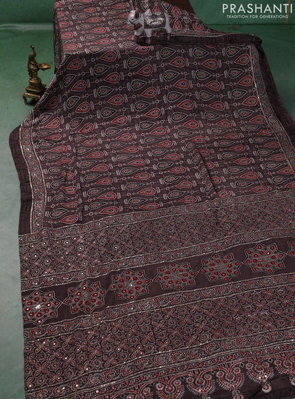 Modal silk saree rosy brown with allover ajrakh prints and mirror & sequin embroidery pallu