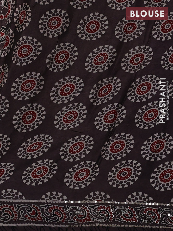 Modal silk saree rosy brown with allover ajrakh prints and mirror & sequin embroidery pallu