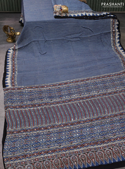Modal silk saree indigo blue with allover stripe prints and ajrakh prints mirror & sequin embroidery pallu