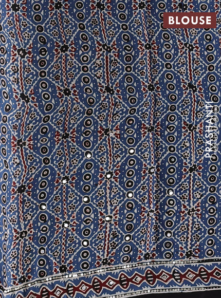 Modal silk saree indigo blue with allover stripe prints and ajrakh prints mirror & sequin embroidery pallu