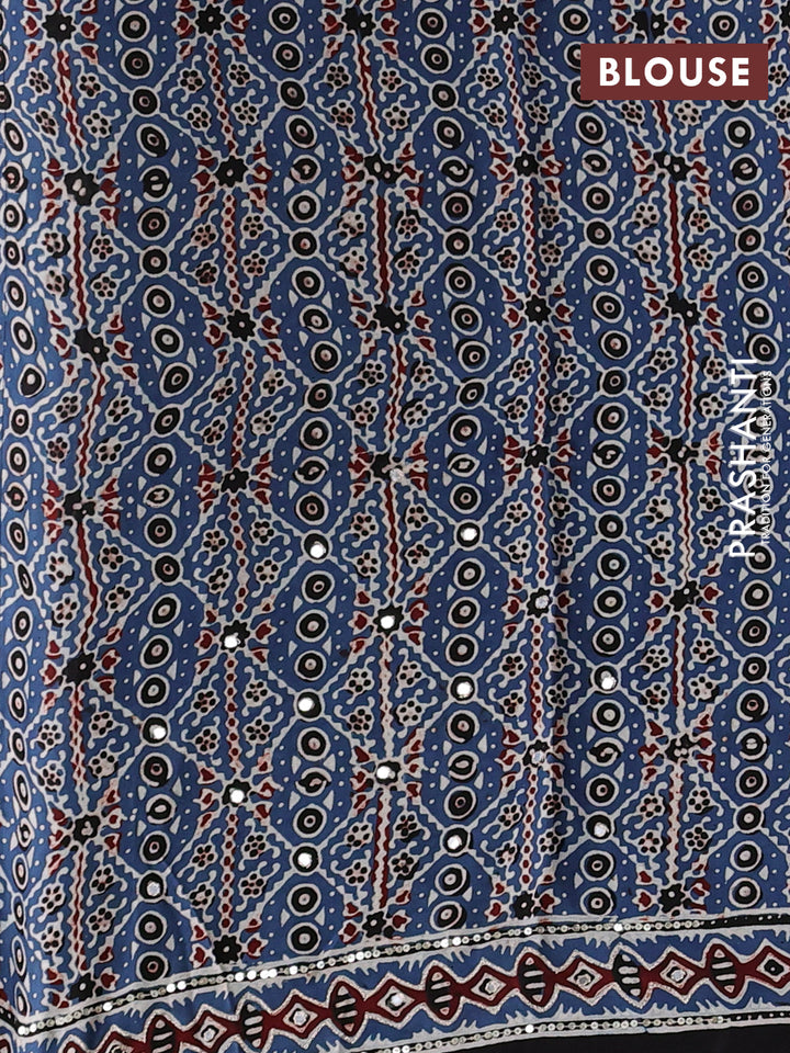 Modal silk saree indigo blue with allover stripe prints and ajrakh prints mirror & sequin embroidery pallu