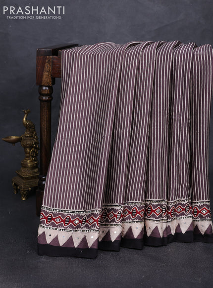 Modal silk saree brown with allover stripe prints and ajrakh prints mirror & sequin embroidery pallu