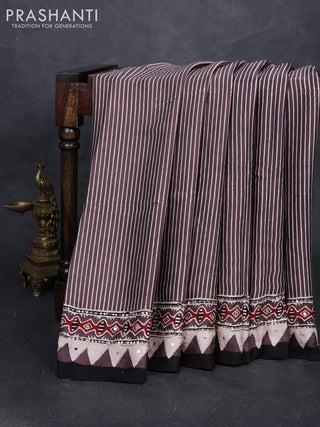 Modal silk saree brown with allover stripe prints and ajrakh prints mirror & sequin embroidery pallu