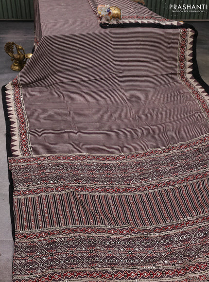 Modal silk saree brown with allover stripe prints and ajrakh prints mirror & sequin embroidery pallu