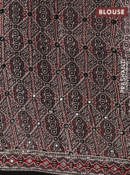 Modal silk saree brown with allover stripe prints and ajrakh prints mirror & sequin embroidery pallu