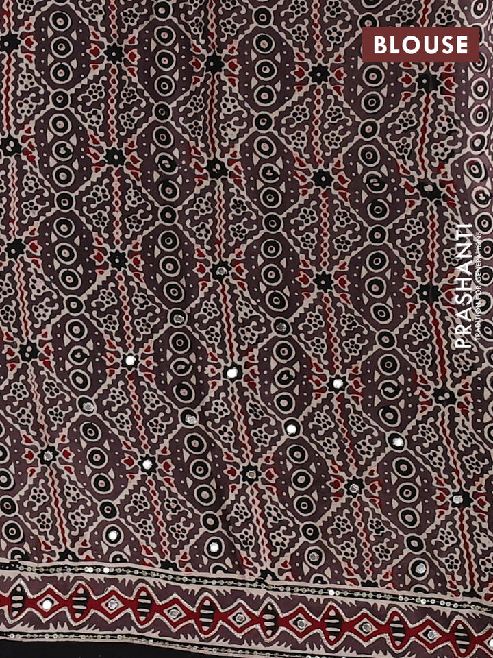 Modal silk saree brown with allover stripe prints and ajrakh prints mirror & sequin embroidery pallu