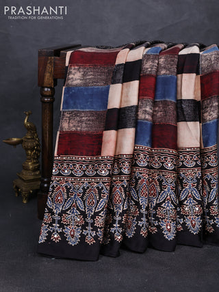 Modal silk saree black with allover geometric prints and ajrakh prints mirror & sequin embroidery pallu