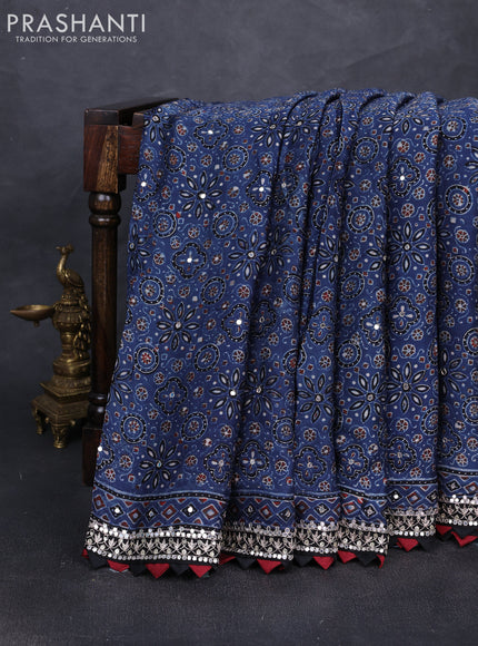 Modal silk saree indigo blue with allover ajrakh prints and mirror & sequin embroidery pallu