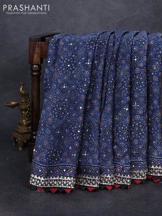 Modal silk saree indigo blue with allover ajrakh prints and mirror & sequin embroidery pallu