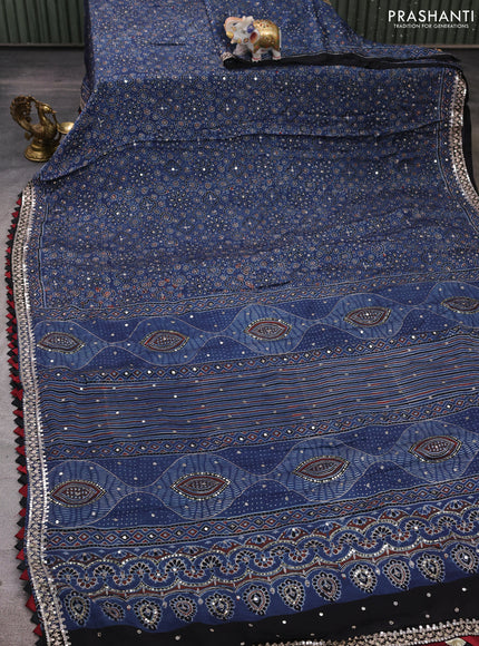 Modal silk saree indigo blue with allover ajrakh prints and mirror & sequin embroidery pallu