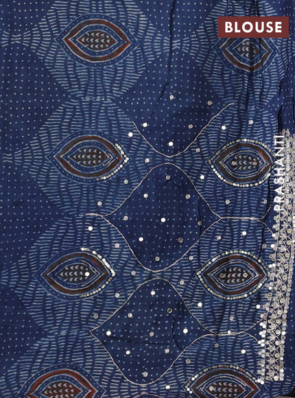 Modal silk saree indigo blue with allover ajrakh prints and mirror & sequin embroidery pallu