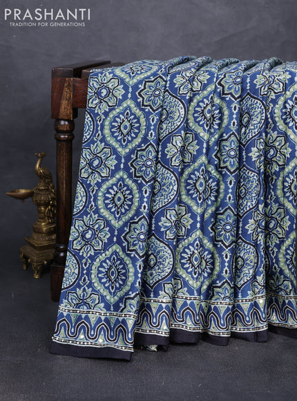 Modal silk saree indigo blue and black with allover ajrakh prints and mirror & sequin embroidery pallu