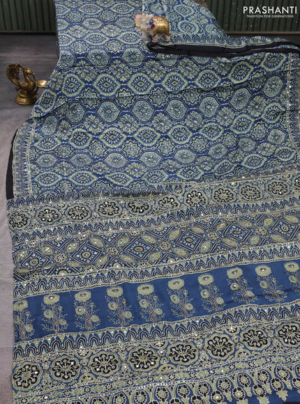 Modal silk saree indigo blue and black with allover ajrakh prints and mirror & sequin embroidery pallu