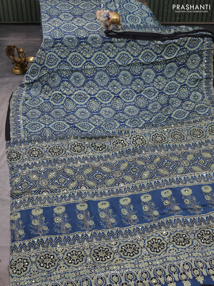 Modal silk saree indigo blue and black with allover ajrakh prints and mirror & sequin embroidery pallu