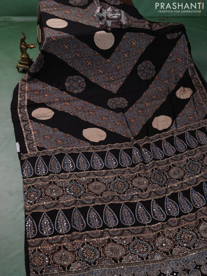 Modal silk saree black with ajrakh prints and mirror & sequin embroidery pallu
