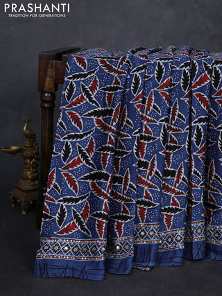Modal silk saree blue with ajrakh prints and mirror & sequin embroidery pallu