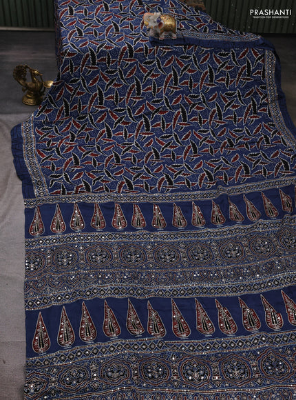 Modal silk saree blue with ajrakh prints and mirror & sequin embroidery pallu