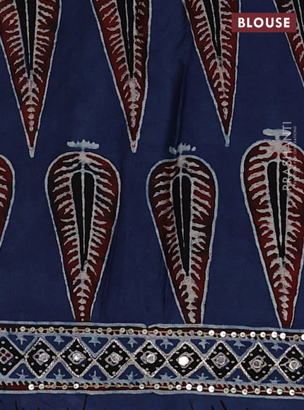 Modal silk saree blue with ajrakh prints and mirror & sequin embroidery pallu