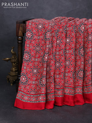 Modal silk saree red with allover ajrakh prints and mirror & sequin embroidery pallu