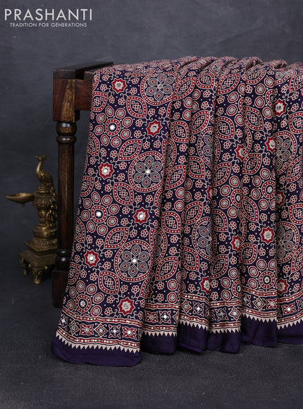 Modal silk saree deep violet with allover ajrakh prints and mirror & sequin embroidery pallu