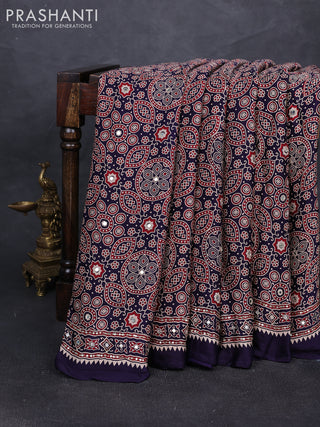 Modal silk saree deep violet with allover ajrakh prints and mirror & sequin embroidery pallu