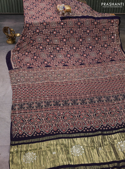 Modal silk saree deep violet with allover ajrakh prints and mirror & sequin embroidery pallu