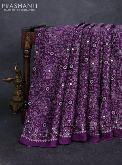 Modal silk saree purple with allover ajrakh prints and mirror & sequin embroidery pallu