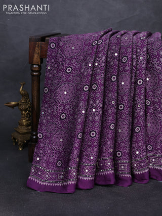 Modal silk saree purple with allover ajrakh prints and mirror & sequin embroidery pallu