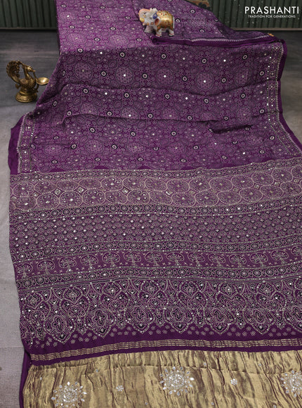 Modal silk saree purple with allover ajrakh prints and mirror & sequin embroidery pallu