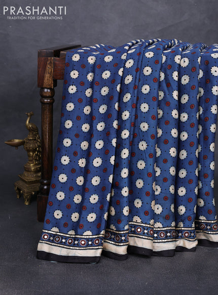 Modal silk saree blue with allover ajrakh prints and mirror & sequin embroidery pallu