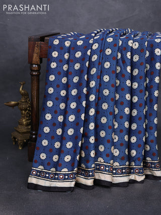 Modal silk saree blue with allover ajrakh prints and mirror & sequin embroidery pallu