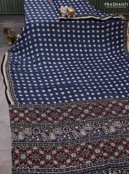 Modal silk saree blue with allover ajrakh prints and mirror & sequin embroidery pallu