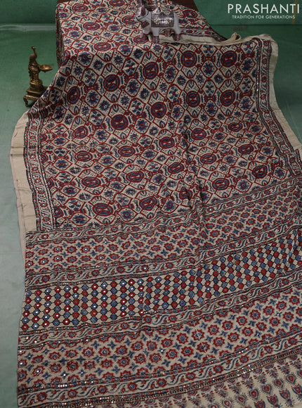Modal silk saree cream with allover ajrakh prints and mirror & sequin embroidery pallu