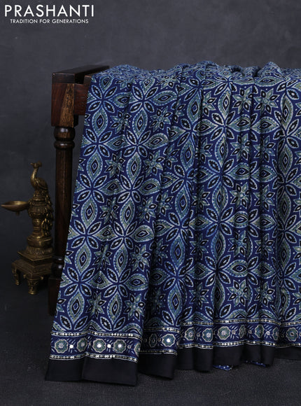 Modal silk saree blue with allover ajrakh prints and mirror & sequin embroidery pallu