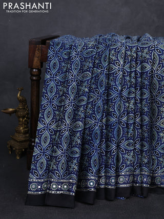 Modal silk saree blue with allover ajrakh prints and mirror & sequin embroidery pallu