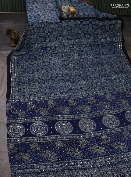 Modal silk saree blue with allover ajrakh prints and mirror & sequin embroidery pallu