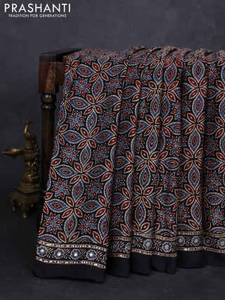 Modal silk saree black with allover ajrakh prints and mirror & sequin embroidery pallu