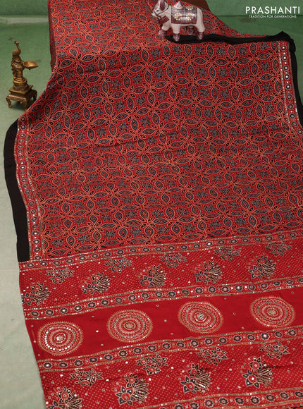 Modal silk saree red and black with allover ajrakh prints and mirror & sequin embroidery pallu