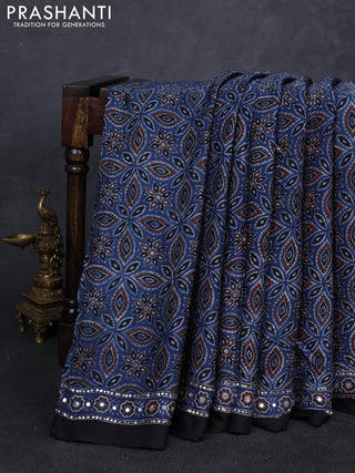 Modal silk saree blue with allover ajrakh prints and mirror & sequin embroidery pallu