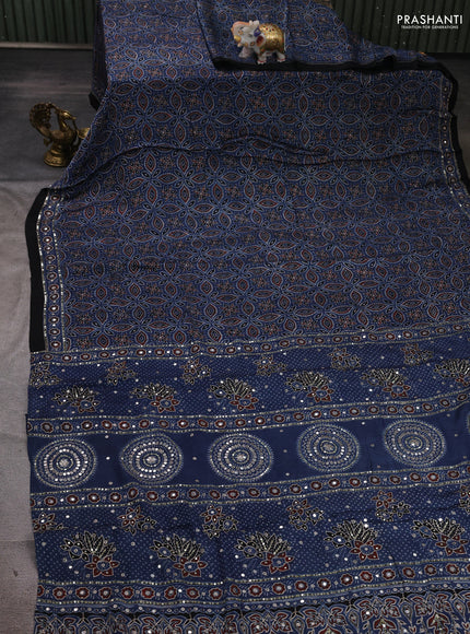 Modal silk saree blue with allover ajrakh prints and mirror & sequin embroidery pallu