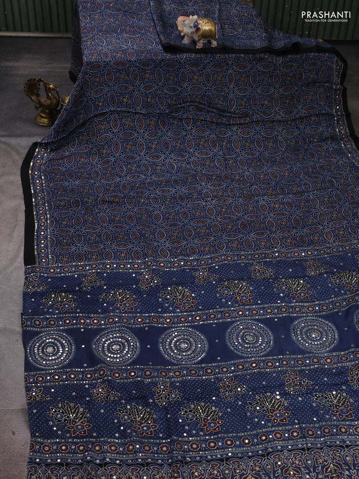 Modal silk saree blue with allover ajrakh prints and mirror & sequin embroidery pallu